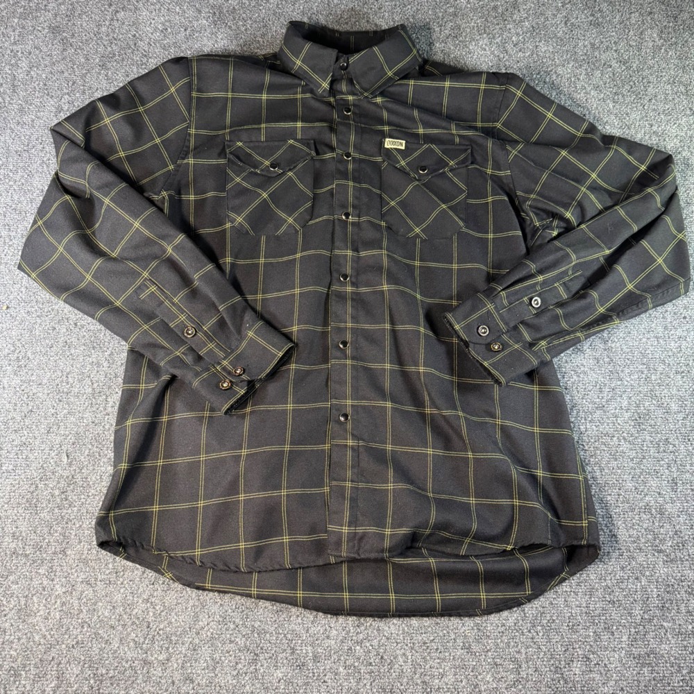 Dixxon Flannel Co Stay Gold Black Yellow Windowpane Plaid D-Tech Shirt Mens L